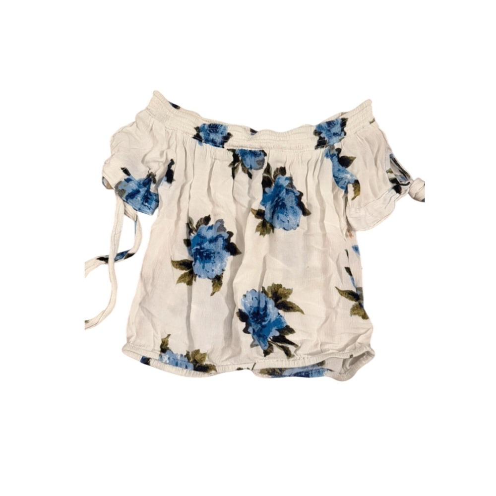 Kendall + Kylie Women Blue Floral Off The Shoulder Smocked Tie Sleeve Top Small